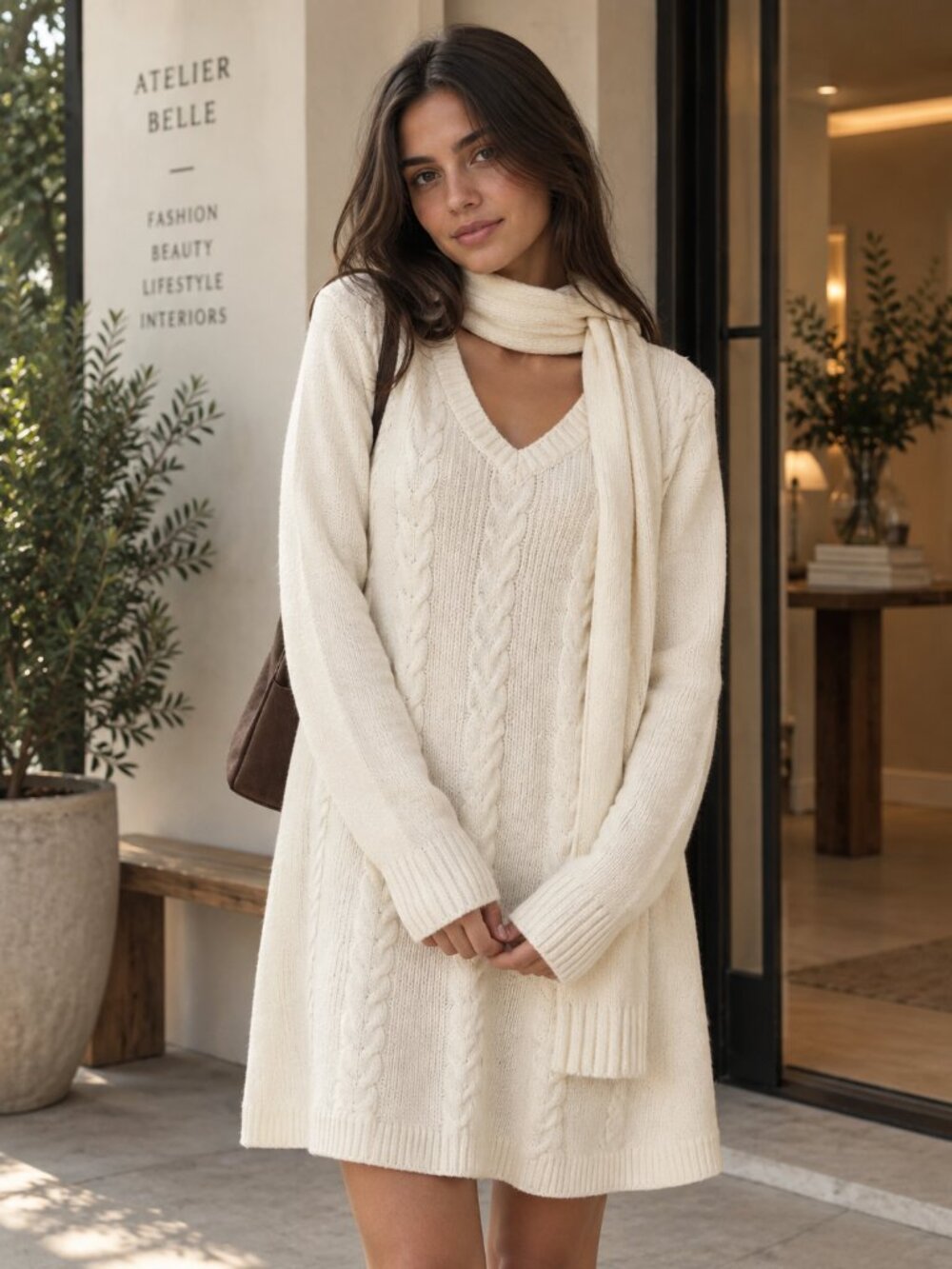Allison Brittney Cream Cable Knit Sweater Dress with Matching Scarf | NWOT |